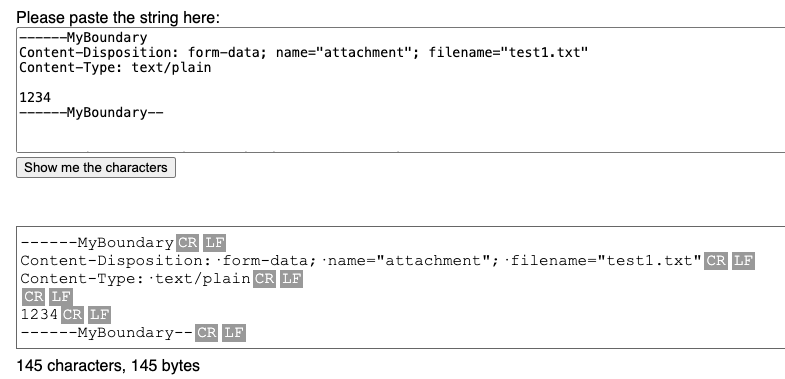 an online tool showing the hidden characters correctly as crlf